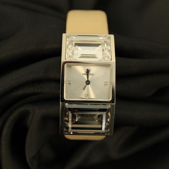 Swarovski Fairbanks Beige Watch Large Faceted Crystals Swiss Made Leather Strap - Picture 1 of 10
